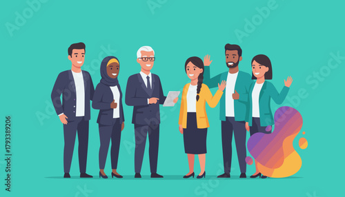 Diverse professional business team illustration showcasing collaboration inclusion and success