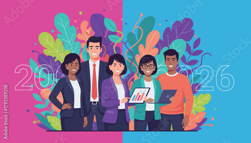 Happy diverse business team collaborating on future strategy 2026