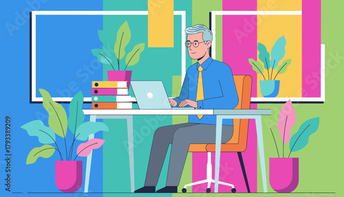 Professional man working on laptop in a vibrant modern office surrounded by plants Flat illustration