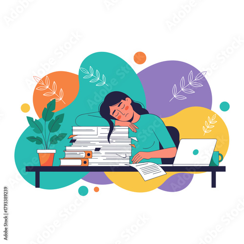 Overworked woman asleep on paperwork pile at office desk Burnout stress deadlines fatigue concept