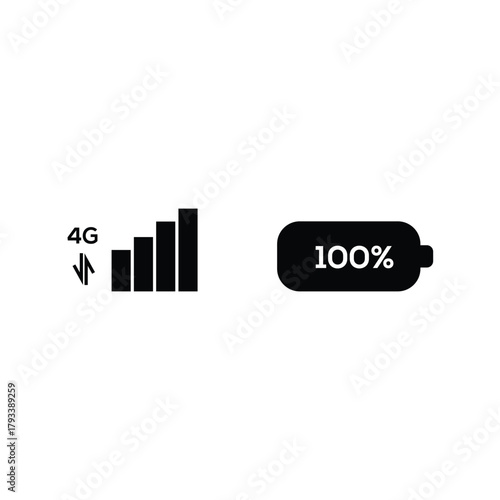 Mobile signal strength and battery charge icons simple flat vector design elements for user interface isolated on white background