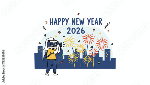 New Year 2026 celebration in the city skyline Woman taking pictures of vibrant fireworks