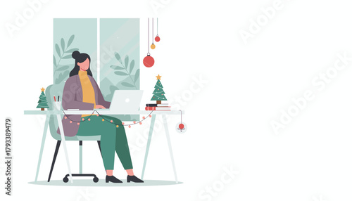 Working through the holidays Woman uses laptop at a desk with Christmas trees and lights