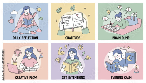 Cute illustration of selfcare and journaling methods reflection gratitude goals and creative flow