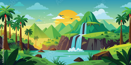 Cartoon illustration of a tropical jungle island with palm trees, sun, and sea for a summer vacation banner design