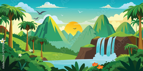 Cartoon summer nature landscape illustration of a house on a green hill with sky, sun, clouds, trees, and flowers