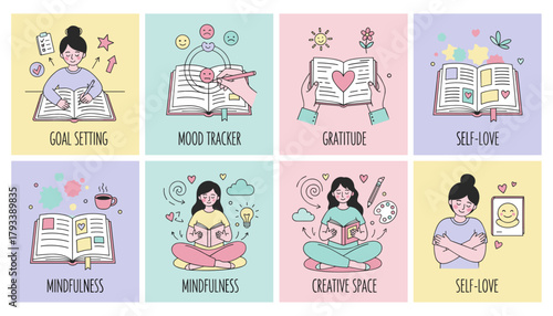 Set of mental wellness illustrations selflove mindfulness journaling mood tracking and selfimprovement
