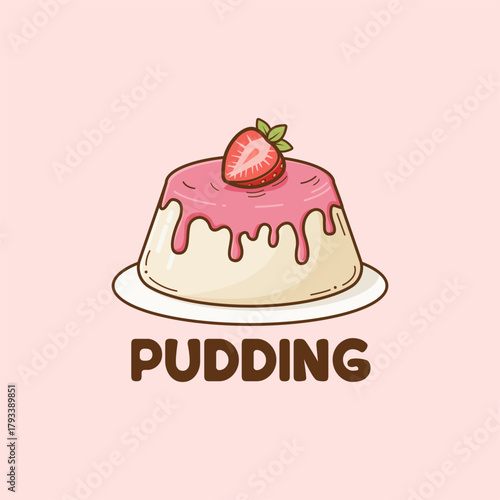 Pudding dessert logo with strawberry topping, pudding vector