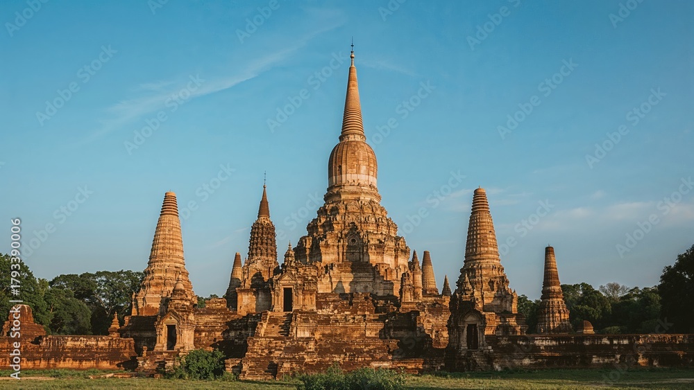 Fototapeta premium Ancient temple complex with multiple spires against a blue sky, showcasing historical architecture and cultural heritage.