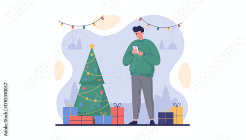 Sad man checking smartphone near Christmas tree and gifts holiday disconnection or digital loneliness