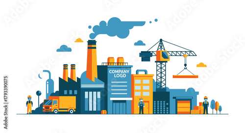 Manufacturing complex illustration featuring factory buildings crane truck and industrial workers