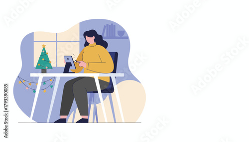 Woman uses tablet at home desk decorated for Christmas holiday work ecommerce or study
