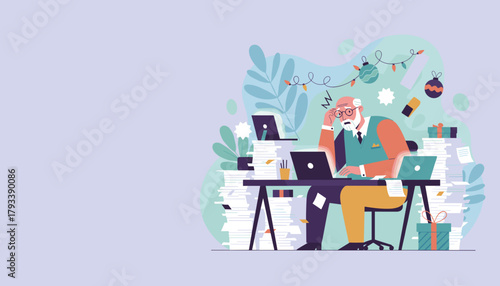 Stressed businessman overloaded with work and paperwork during the holiday season Burnout concept