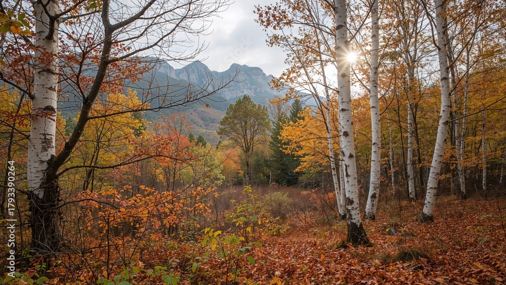 Fototapeta premium Autumn forest scene with trees, mountains in the background, and sunlight filtering through the leaves.