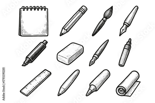 Instruments ink marker tools vector stump blending art brush icon ruler drawing