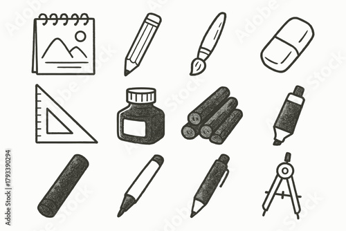 Vector charcoal bottle icon drawing ink tools eraser ruler compass creative marker