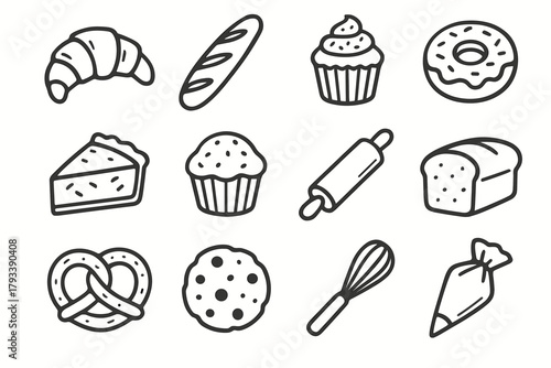 Loaf bakery pie bag vector whisk doughnut pastry baguette cupcake icon set