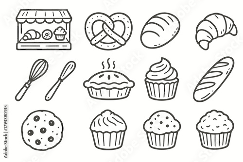 Whisk bread morning items icon baguette pie icons collection bakery vector croissant