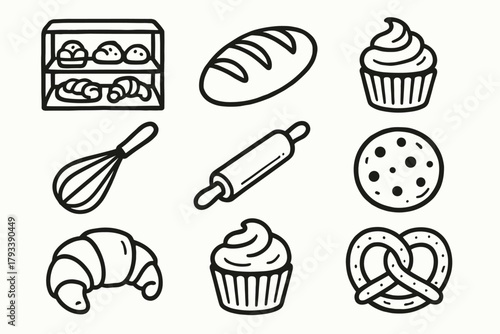Set goods whisk rolling icon muffin bakery display vector pretzel cookie pin
