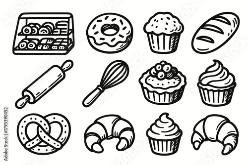Vector pastries icons grid icon fresh bread bakery cupcake croissant loaf doughnut