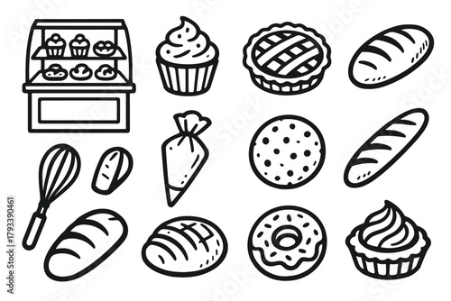 Display vector cupcake shop bakery set tart bag baguette icon doughnut bread
