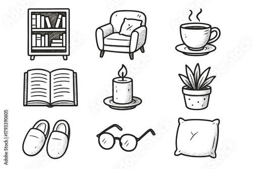 Icons vector glasses tea cup pot cozy icon setup book armchair reading