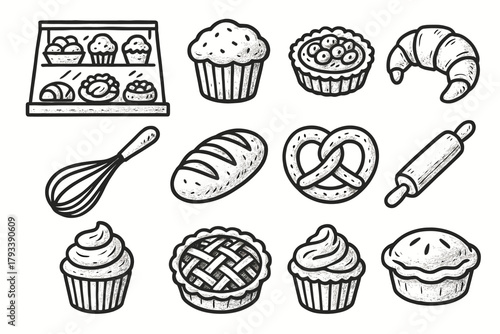 Set bakery pastry cupcake loaf vector collection croissant rolling icon bread tart