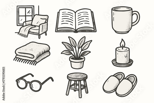Essentials icon glasses book slippers nook candle vector space reading blanket stool