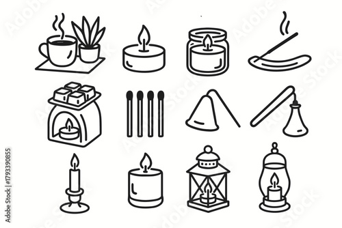 Candle setup wax matchsticks lantern incense vector collection tealight icon stick holder