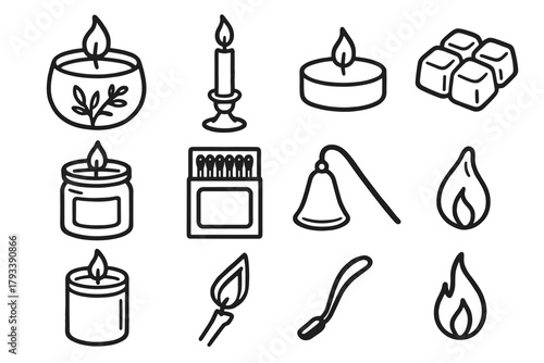 Icon holder jar melt set candle snuffer vector decor wax matchbox tealight