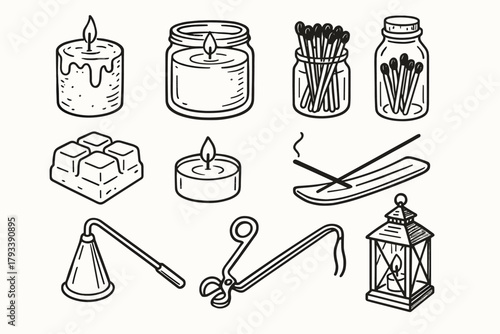 Jar candle trimmer match incense lantern icons handmade wax icon vector stick