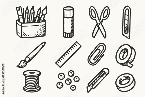 Craft brush beads icons stick vector supplies thread icon glue tape paper