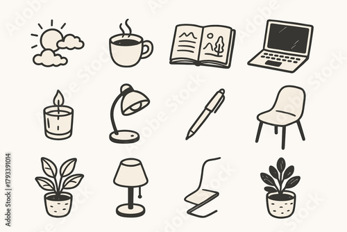 Cup workspace icon plant open day vector coffee lamp cozy potted creative