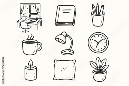 Vector lamp tea notebook cozy plant icon serene candle workspace icons cushion
