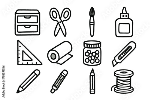 Scissors ruler materials thread craft spool vector art roll icon jar