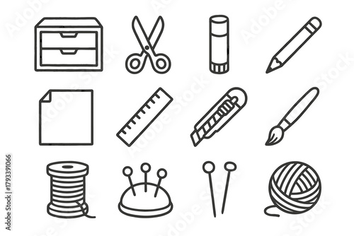 Tools scissors thread glue icon pencil stick craft icons paper ruler hobby