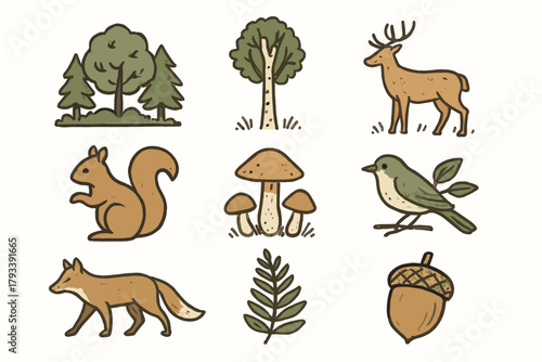 Deer icon mushrooms grove fox bird birch set forest vector tree acorn