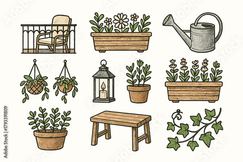 Ivy watering potted icons vector boxes outdoor icon vine hanging balcony bench