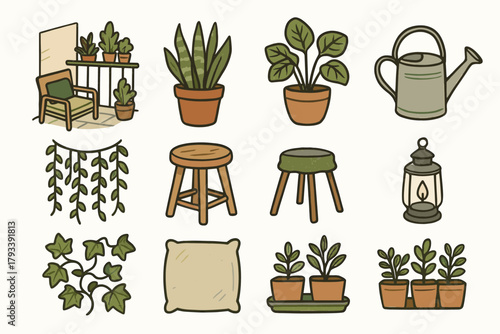 Stool can garden icon tray green vines cushion vector icons balcony watering