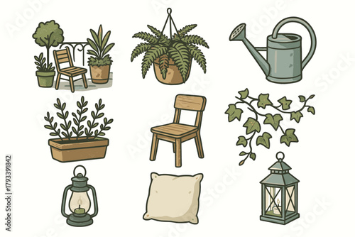 Balcony ivy icon corner can icons peaceful vector cushion potted garden watering