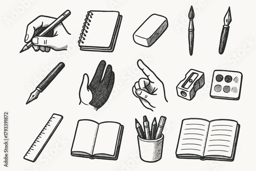 Open sharpener icon tools paintbrush notebook gesture eraser glove vector ruler art