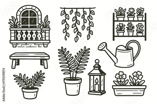 Small pot icons balcony vector icon potted ferns hanging bench watering garden