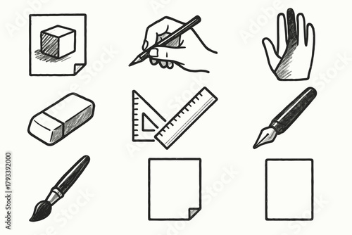 Ruler holding ink sheet sketching pencil vector art eraser icons icon tools