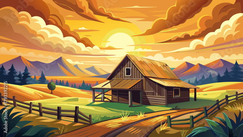 Very beautiful summer sunset with an old barn in rural Montana, featuring golden light over wide open fields, rustic wooden architecture, and a peaceful countryside atmosphere capturing the timeless c