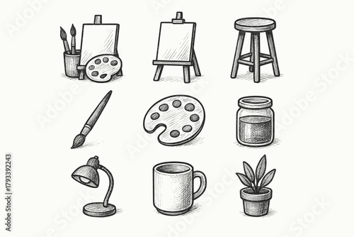 Icons palette home icon atelier brush jar stool corner mug vector lamp