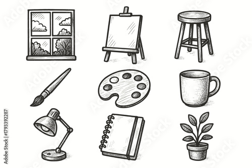 Icon atelier palette art vector stool easel paintbrush daylight home sketchbook setup