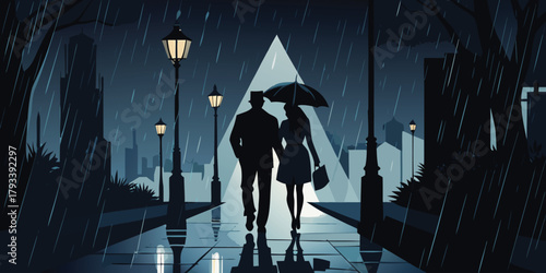 Woman walking silhouette in city street light at night