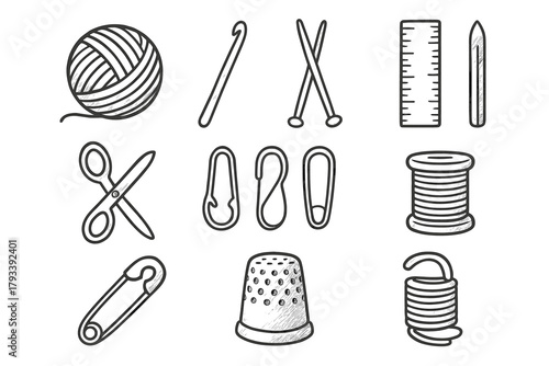 Needles vector tools pin crochet icon stitch thread markers scissors knitting thimble