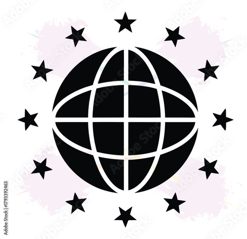 Abstract illustration of a globe surrounded by stars representing globalization and international relations