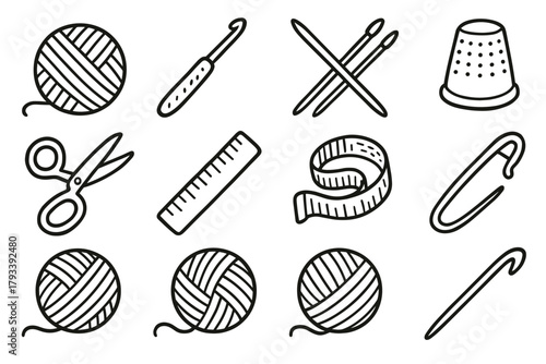 Hook needles icons measuring icon tools tape ruler vector yarn thimble knitting